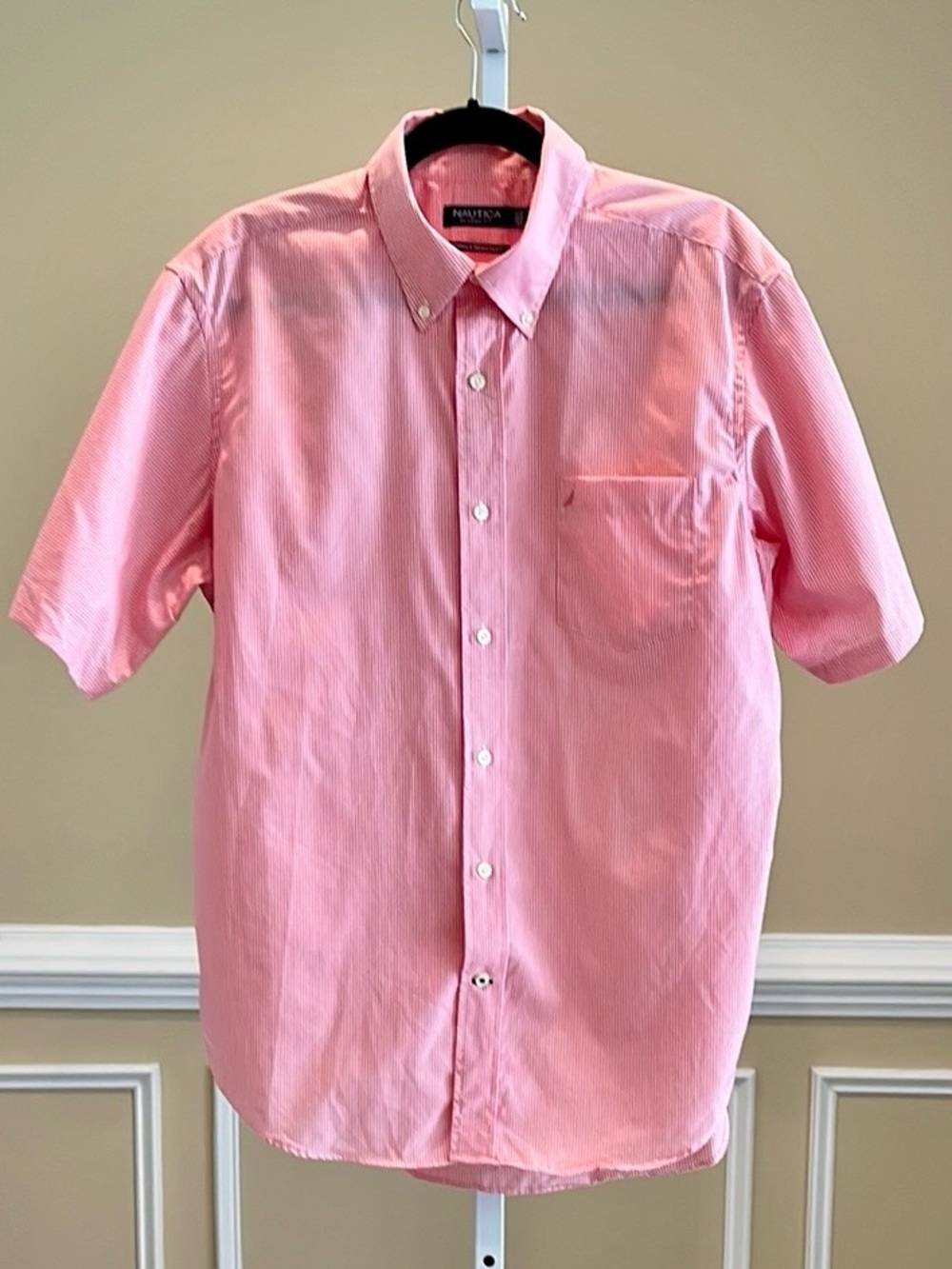 Nautica Classic Fit Short Sleeve Pink Gingham Button Down Shirt Size Large